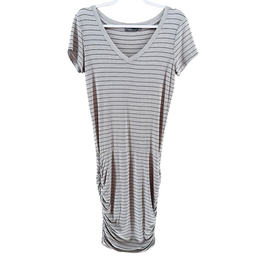 PRANA Foundations Striped Short Sleeve Ruched Jersey Dress • Small • cream black